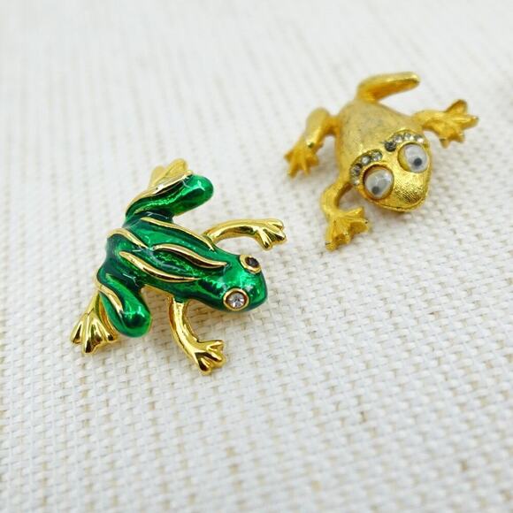 VTG Frog Brooch Green Gold-Tone Cabochon Jelly Belly Rhinestone Whimsical - Picture 3 of 15